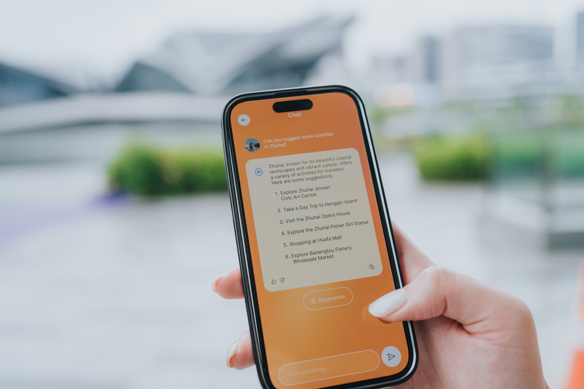 Happy Generation Z girls tavelling  in Zhuhai, Greater Bay Area, China, are looking for place to visit and asking advice from AI assistant  on a mobile app